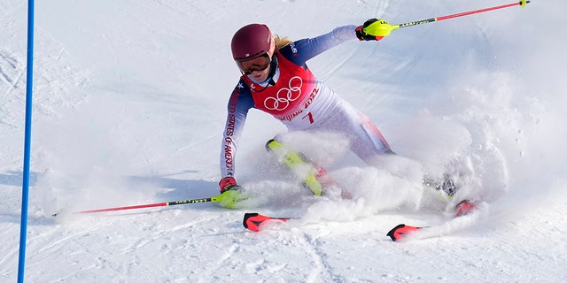 Michaela Shiffrin skates in the first round of the women's slalom slalom at the 2022 Winter Olympics, Wednesday, February 9, 2022, in Beijing.
