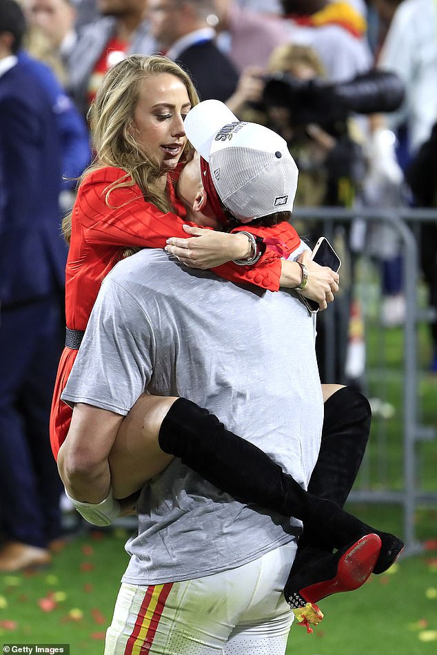 Standout moment: Patrick's fiancée Brittany faced a lot of criticism on social media during his rise to fame, including when she approached him on the court as he led the Chiefs to victory in the Super Bowl LIVE on February 2, 2020 (pictured)