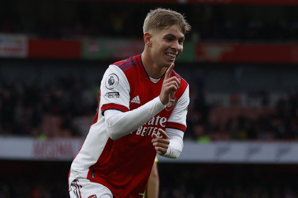 Arsenal's England midfielder Emile Smith Rowe celebrates after scoring the opening goal of the Premier League soccer match between Arsenal and Brentford at the Emirates Stadium in London on February 19, 2022 (Photo by Ian Kington/AFP via Getty Images)