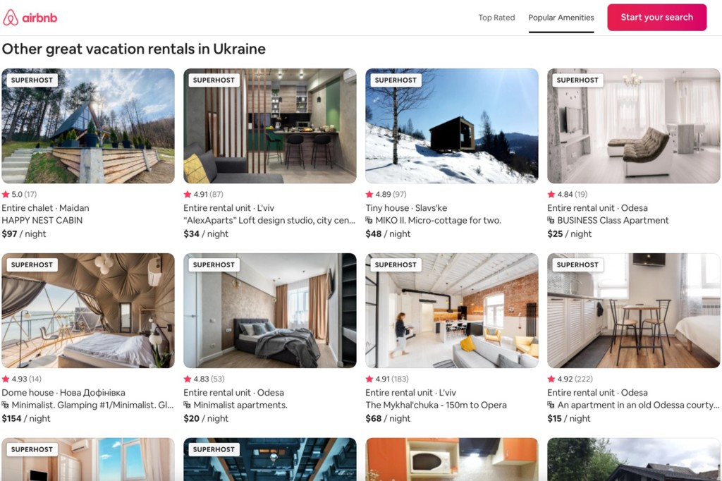 Airbnb's homepage when searching for homes in Ukraine. 