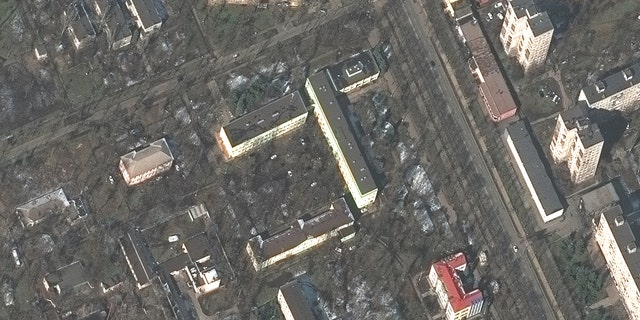 Before/After Views of Mariupol Hospital and Air Strike Damage (Location: 47,096, 37,533)