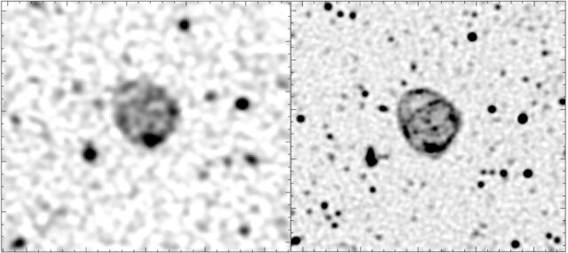 (Left) The original discovery of ORC1 in the ASKAP radio telescope data in the Evolutionary Map of the Universe (EMU).  (Right) Follow-up observation of ORC1 using a MeerKAT radio telescope.