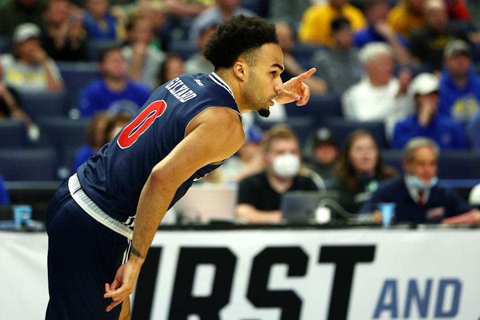 Buffalo, NY - MARCH 17: Jacob Gilyard No. 0 of the Richmond Spiders celebrates with a basket during the first inning against the Iowa Hawkeyes in the first round game of the 2022 Men's Basketball Tournament at KBank Center on March 17, 2022 in Buffalo, New York.  (Photo by Elsa/Getty Images)