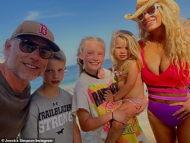 Abilene, of Texas, is also the mother of son Ace, eight, and daughter Purdy, three, with husband Eric Johnson, 42.  The family was photographed on a recent vacation