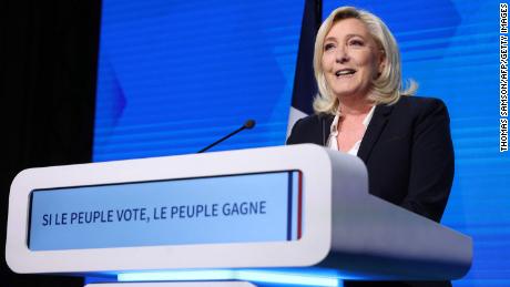 Marine Le Pen addresses her supporters on Sunday after the first round of the French presidential election.