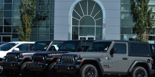 New Jeeps parked outside Chrystler, Jeep, Dodge and RAM dealerships in South Edmonton.  On Wednesday, August 24, 2021, in Edmonton, Alberta, Canada.  (Photo by Artur Widak/NurPhoto via Getty Images)