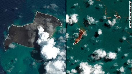 (From left) Satellite images from January 6 and January 18 show the impact of the volcanic eruption near Tonga.