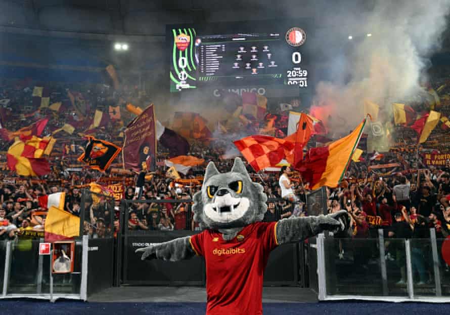The mascot of Roma helps put the Roma fans in the mood before kick-off.