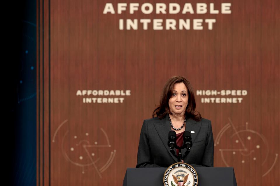 WASHINGTON, DC - FEBRUARY 14: US Vice President Kamala Harris delivers remarks on the Biden administration's affordable communication program in the Southern Courthouse of the Eisenhower Executive Office Building on February 14, 2022 in Washington, DC.  During the event, Harris announced that 10 million families have enrolled in the program that helps families access affordable, high-speed internet.  (Photo by Anna Moneymaker/Getty Images)