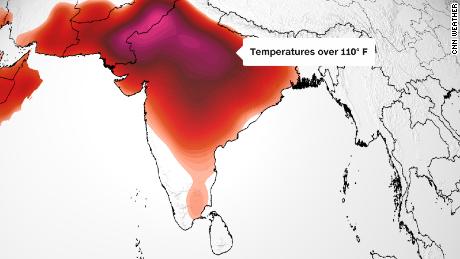 The forecast map shows that most of India will endure high temperatures Friday: over 32°C/90°F (in shades of orange);  Over 38°C/100°F (in red);  or greater than 43°C/110°F (pink).