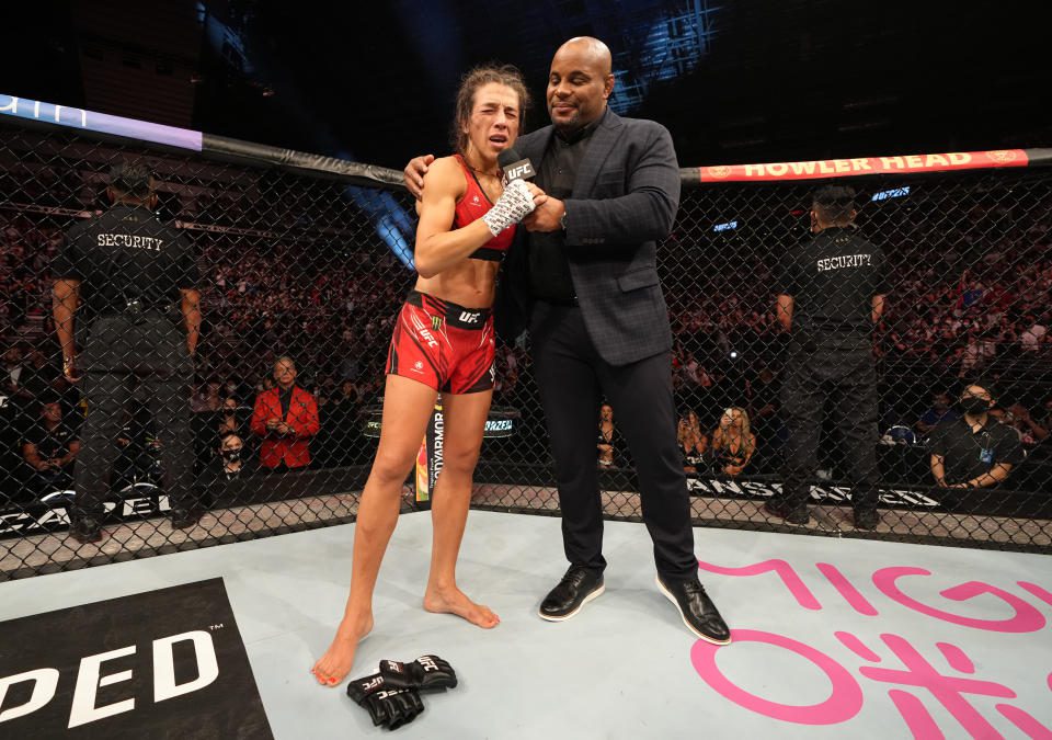 SINGAPORE, SINGAPORE - JUNE 12: Joanna Jedrzejczyk of Poland announced her retirement after losing a TKO to Zhang Weili of China in a flyweight fight during the UFC 275 event at Singapore Indoor Stadium on June 12, 2022 in Singapore.  (Photo by Jeff Buttari/Zuffa LLC)