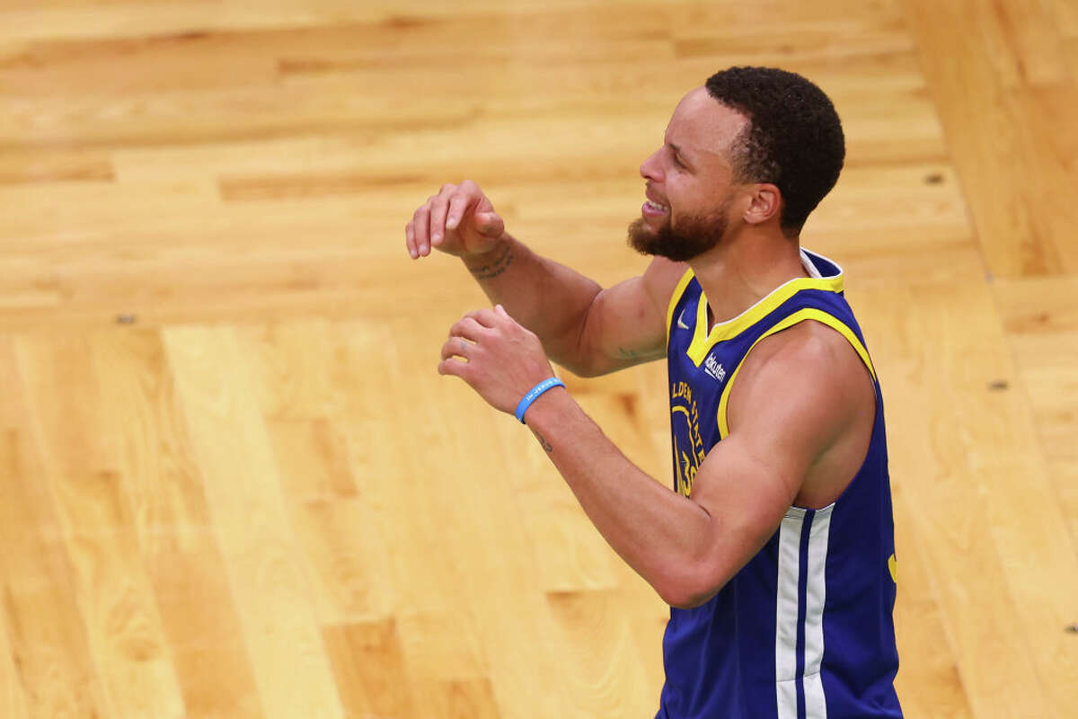 Stephen Curry #30 of the Golden State Warriors reacts after defeating the Boston Celtics 103-90 in Game Six of the 2022 NBA Finals at the TD Garden on June 16, 2022 in Boston.