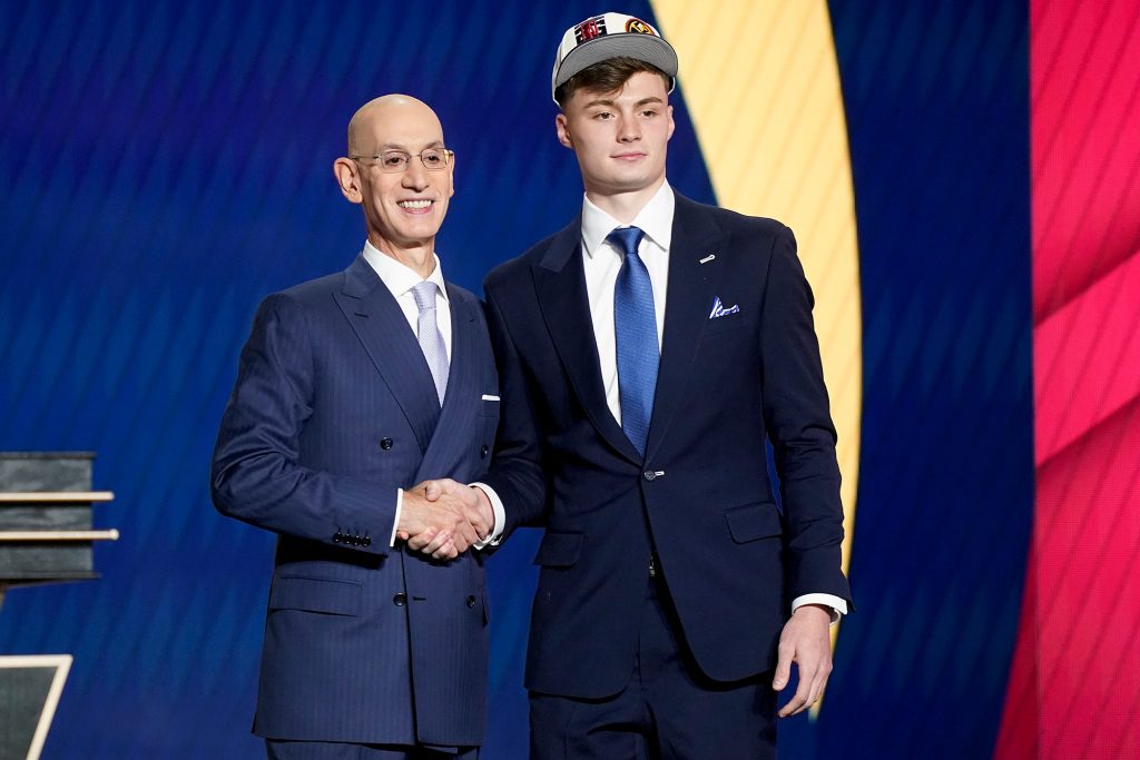 NBA Commissioner Adam Silver with Christian Brown during the 2022 NBA Draft on Thursday, June 23, 2022.