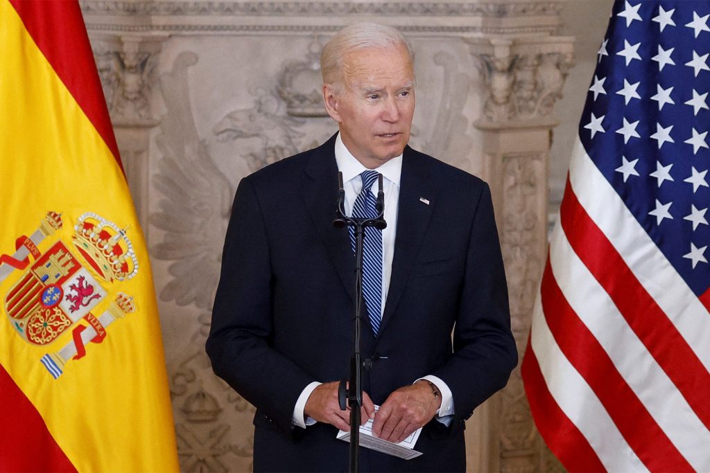 US President Joe Biden speaks as he meets with Spain's King Felipe VI at the Royal Palace before the NATO summit in Madrid, Spain, June 28, 2022.