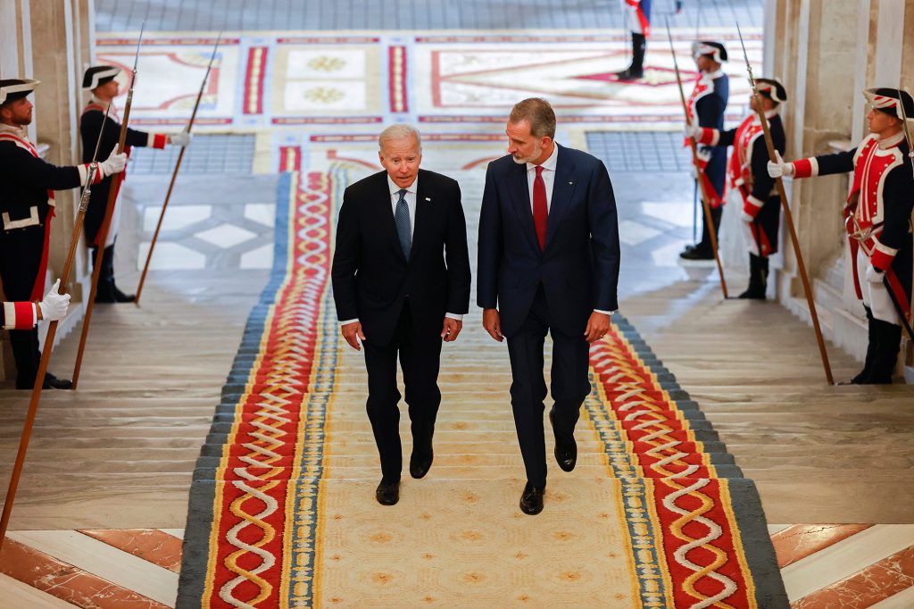 US President Joe Biden, left, and Spanish King Felipe climb the stairs of the Royal Palace in Madrid, Spain, Tuesday, June 28, 2022. NATO heads of state will meet at the NATO summit in Madrid from Tuesday to Thursday.