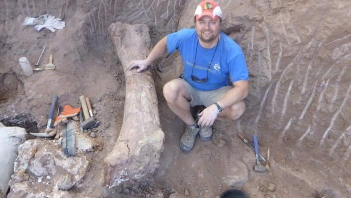 Paleontologist Peter Makovicki studies dinosaur fossils at an excavation site in northern Patagonia, Argentina