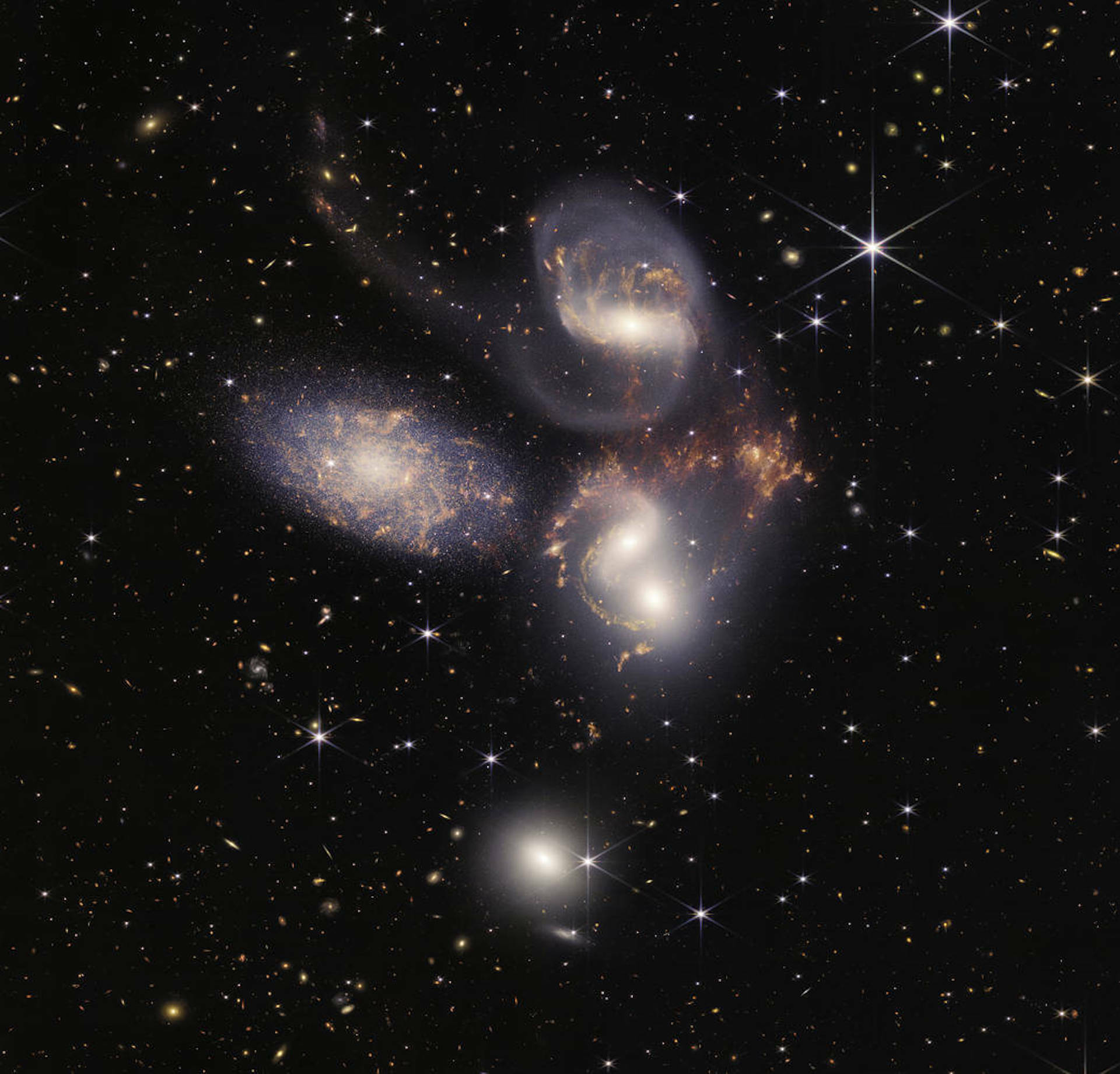 A group of galaxies imaged close together by the James Webb Telescope.