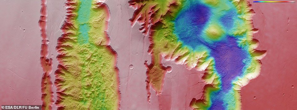 Pictured above: a color-coded topographic image showing Ius and Tithonium Chasmata, which form part of the Mars' Valles Marineris Canyon structure, which was created from data collected by ESA's Mars Express