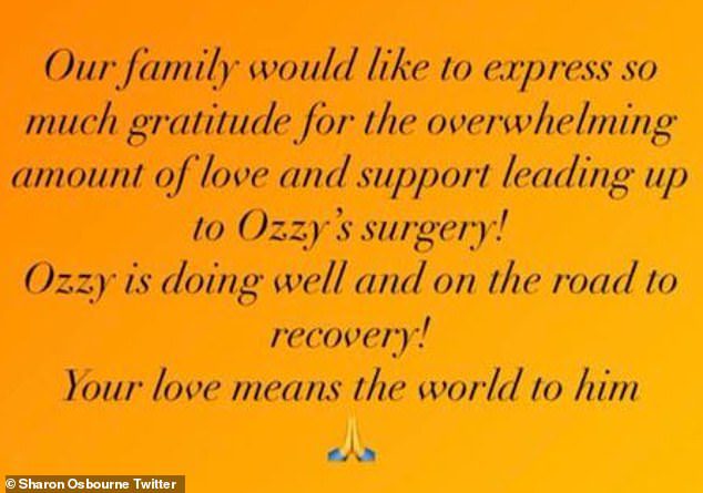 Grateful: Sharon, 69, shared a message on her Twitter account the day after surgery to thank her fans for sending their best wishes to the singer.