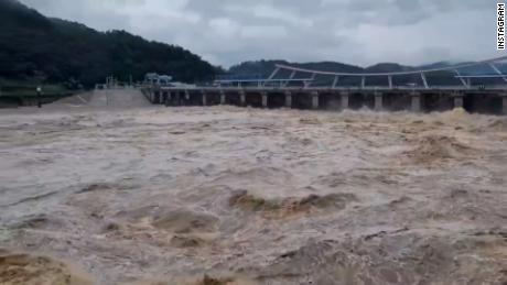 Flood waters in Seoul, South Korea, amid heavy rain on August 8, 2022.