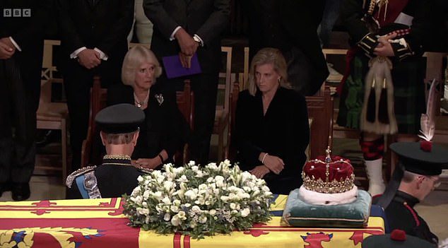 Sophie, Countess of Wessex, joined the Queen Consort at St Giles' Cathedral.  The husband looked solemn and only looked at the coffin for a while