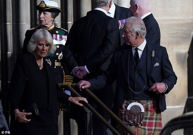 Camilla looked frustrated when she left the cathedral after the service, returning to rejoin her husband, King Charles III