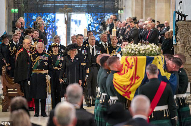 Senior royals followed the Queen's coffin into the cathedral (Pictured LR: King Charles III, Princess Royal, Consort, Vice Admiral Sir Tim Lawrence, Prince Andrew, Prince Edward)