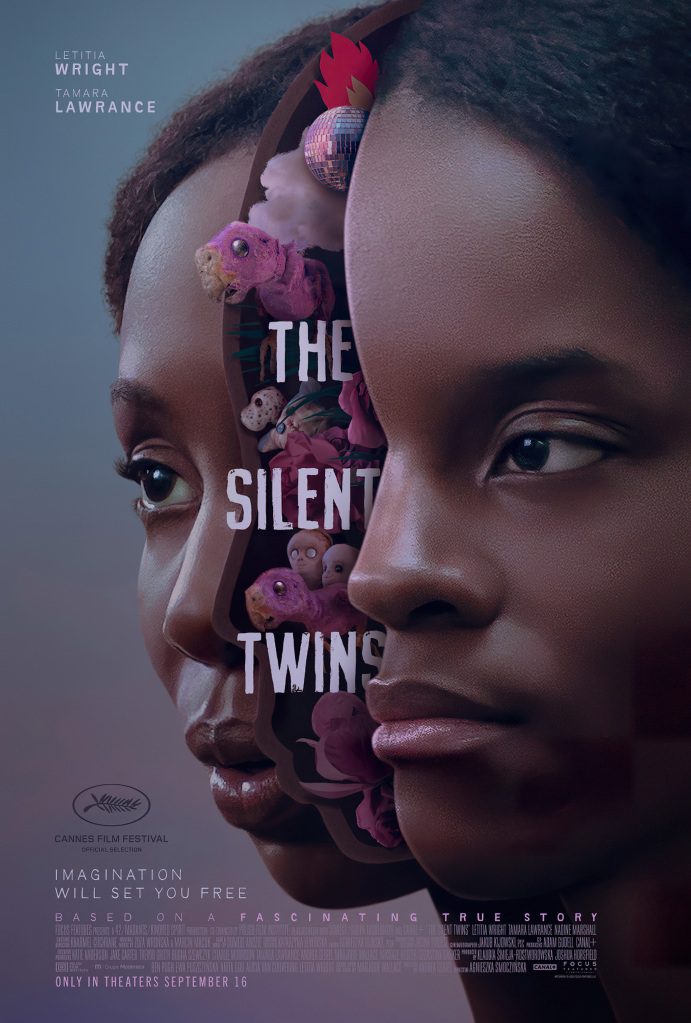 Poster for the movie The Silent Twins starring Tamara Lawrence (left) and Letitia Wright.  The film tells the true story of twin star-crossed twins John and Jennifer Gibbons. 