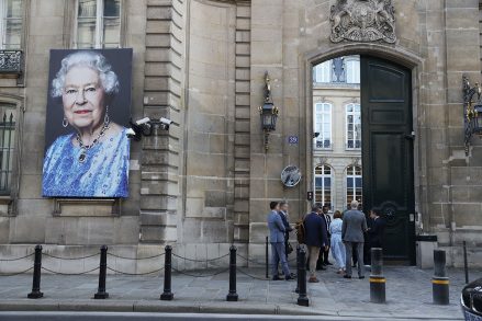 A portrait of Britain's Queen Elizabeth II hangs outside the British Embassy in Paris, France, September 8, 2022. According to a Buckingham Palace statement on September 8, 2022, Britain's Queen Elizabeth II is under medical supervision at her Scottish home, Balmoral Castle, on advice from her doctors concerned with the King's health. The 96-year-old.  Queen Elizabeth reportedly under medical supervision, Paris, France - September 08, 2022