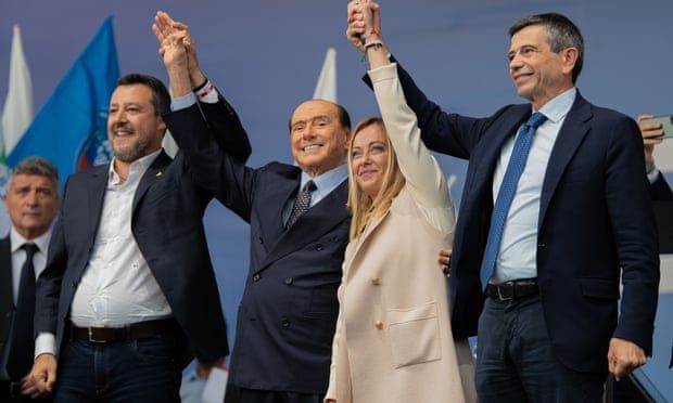 Matteo Salvini, Silvio Berlusconi, Georgia Meloni and Maurizio Lopi attend a political meeting organized by the right-wing political coalition on September 22 in Rome.