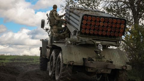 A rocket launcher is seen at a position along the front line in the Donetsk region on Monday.