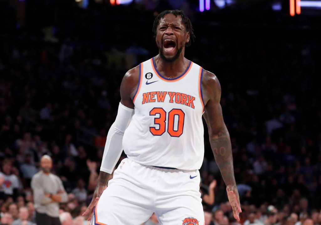 Julius Randle celebrates after being dunked during the Knicks' win over the Magic.