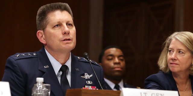 U.S. Air Force Deputy Commandant Lt. Gen. David Thompson, left, and retired Air Force Colonel Pamela Melroy testify before the Senate Air and Space Subcommittee at the Dirksen Senate Office Building on Capitol Hill in Washington, DC, on May 14, 2019.