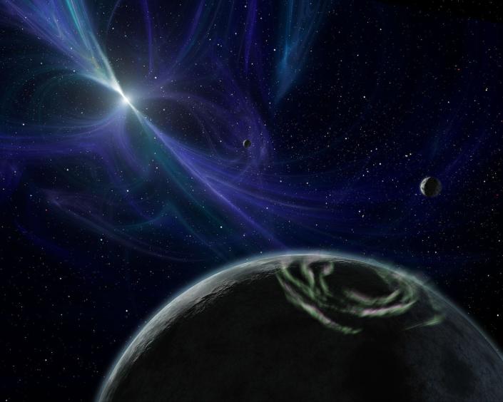 Artists' impression of the extrasolar planets in the pulsar, PSR B1257+12.