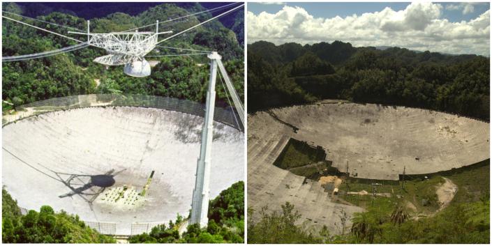 Side-by-side images of the Arecibo Observatory, before and after its collapse, show the massive devastation that ended an era in space research.