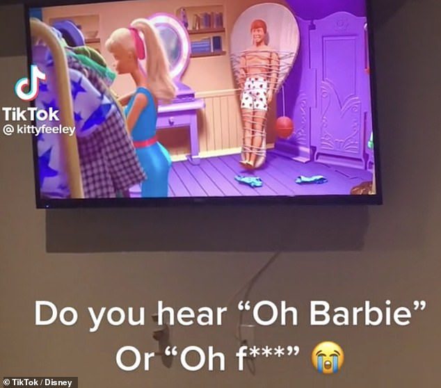 The TikTok video (pictured) caused an internet frenzy after listeners heard two different words of the same sound for a Ken doll, with some insisting they could hear him say: 