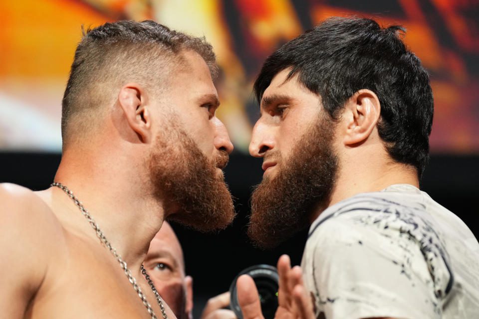 LAS VEGAS, NV - DECEMBER 9: (LR) Opponents Jan Balashowitz of Poland and Magomed Ankalayev of Russia face off during the UFC 282 ceremonial banquet at MGM Grand Garden Arena on December 09, 2022 in Las Vegas, Nevada.  (Photo by Chris Unger/Zoffa LLC.