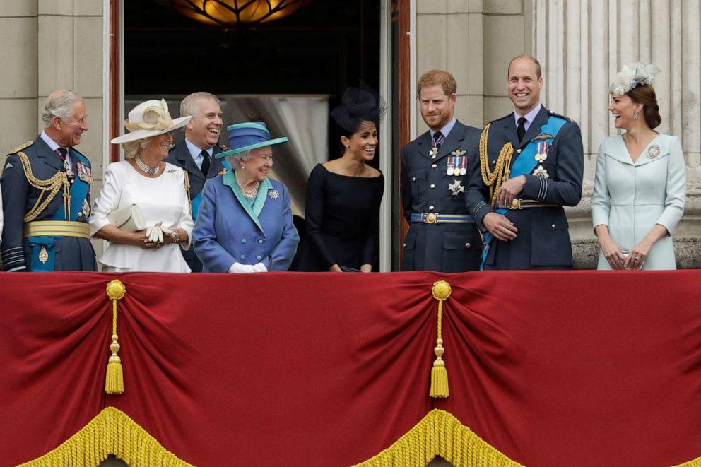 PHOTO: From file - Britain's Queen Elizabeth II, center left, and from left, Prince Charles, Camilla Duchess of Cornwall, Prince Andrew, Meghan Duchess of Sussex, Prince Harry, Prince William and Kate Duchess of Cambridge, London, July.  10, 2018.