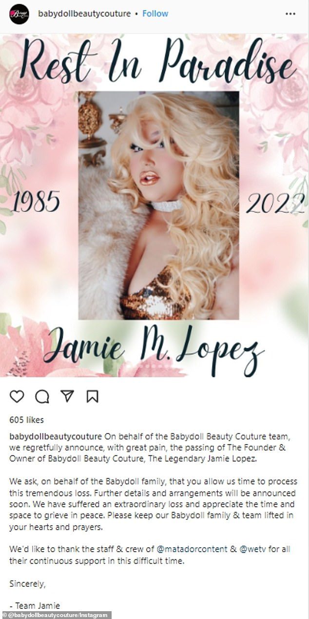 The salon posted a statement in Lopez's memory on its Instagram page Monday